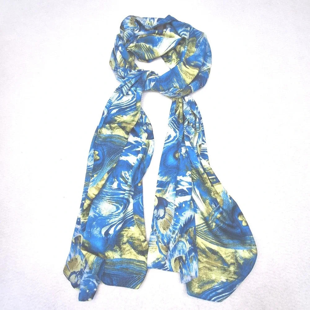 Additions by Chicos Scarf Womens One Size‎ Blue Yellow Peacock Abstract Print